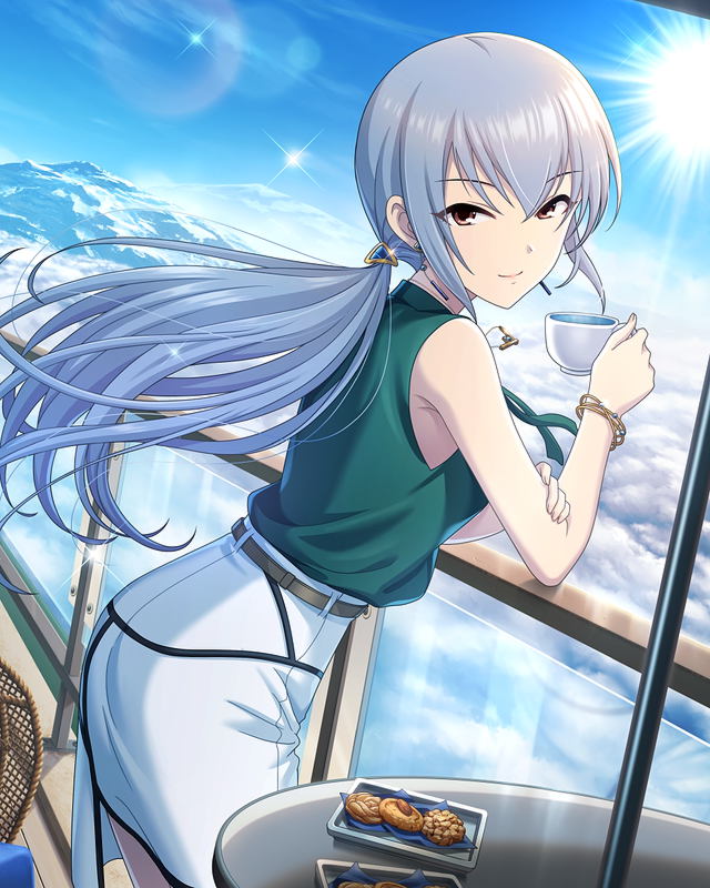 1girl ass bare_shoulders belt blue_sky bracelet breasts brown_eyes cookie cup day earrings food grey_hair holding holding_cup idolmaster idolmaster_cinderella_girls jewelry long_hair looking_at_viewer low_ponytail medium_breasts official_alternate_costume official_alternate_hairstyle official_art pencil_skirt sidelocks skirt sky sleeveless smile solo sunlight table takamine_noa turtleneck white_skirt