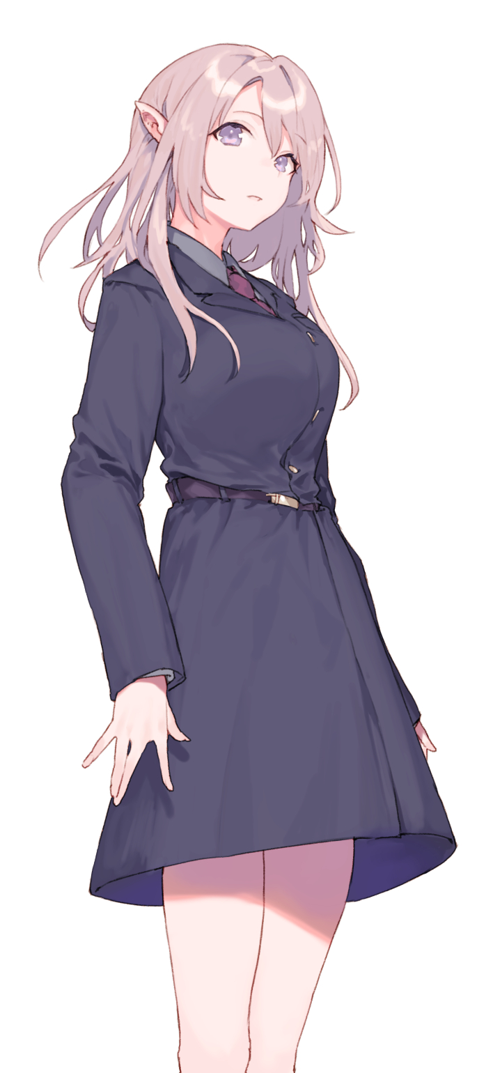1girl bare_legs belt black_shirt breasts buttons closed_mouth collared_shirt fifuth grey_hair highres large_breasts long_hair long_sleeves looking_at_viewer necktie original pointy_ears purple_eyes red_necktie shirt simple_background solo standing suit white_background