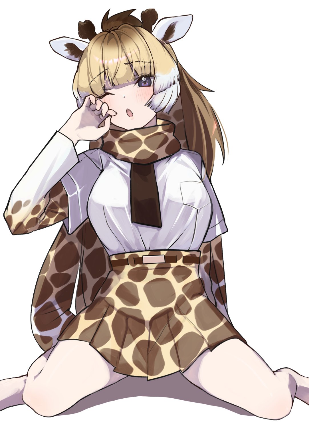 1girl a888_n22 animal_ears belt blonde_hair blue_eyes extra_ears giraffe_ears giraffe_girl giraffe_horns giraffe_print highres horns kemono_friends long_hair looking_at_viewer necktie one_eye_closed ponytail reticulated_giraffe_(kemono_friends) scarf shirt simple_background skirt solo