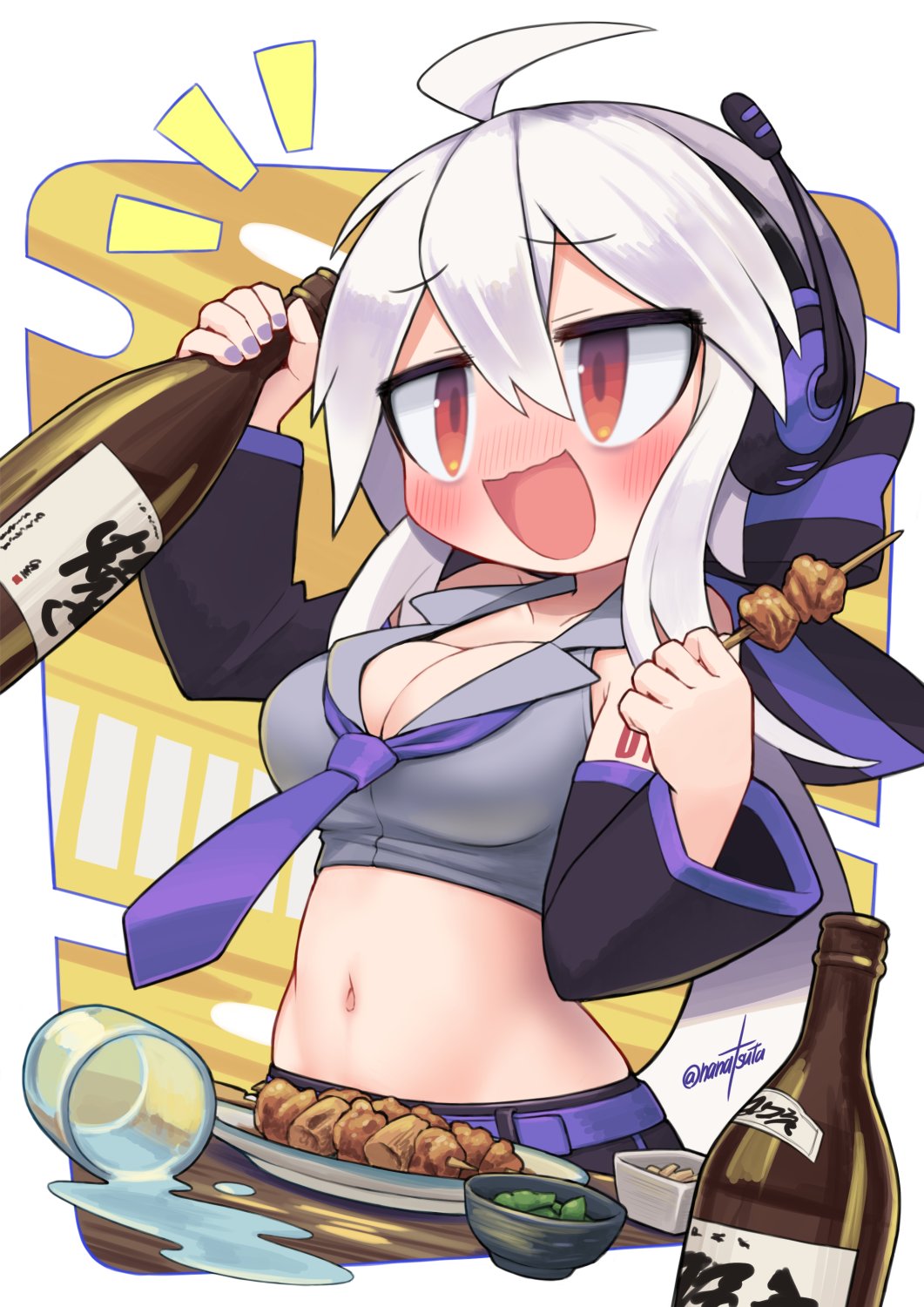 1girl :d ahoge belt blush bottle breasts cleavage commentary_request commission cropped_shirt cup drinking_glass drunk food grey_shirt hair_between_eyes headset highres holding holding_bottle holding_skewer large_breasts long_hair midriff nanatsuta navel necktie nose_blush notice_lines open_mouth purple_belt purple_necktie red_eyes shirt skeb_commission skewer smile solo spill vocaloid white_hair yowane_haku