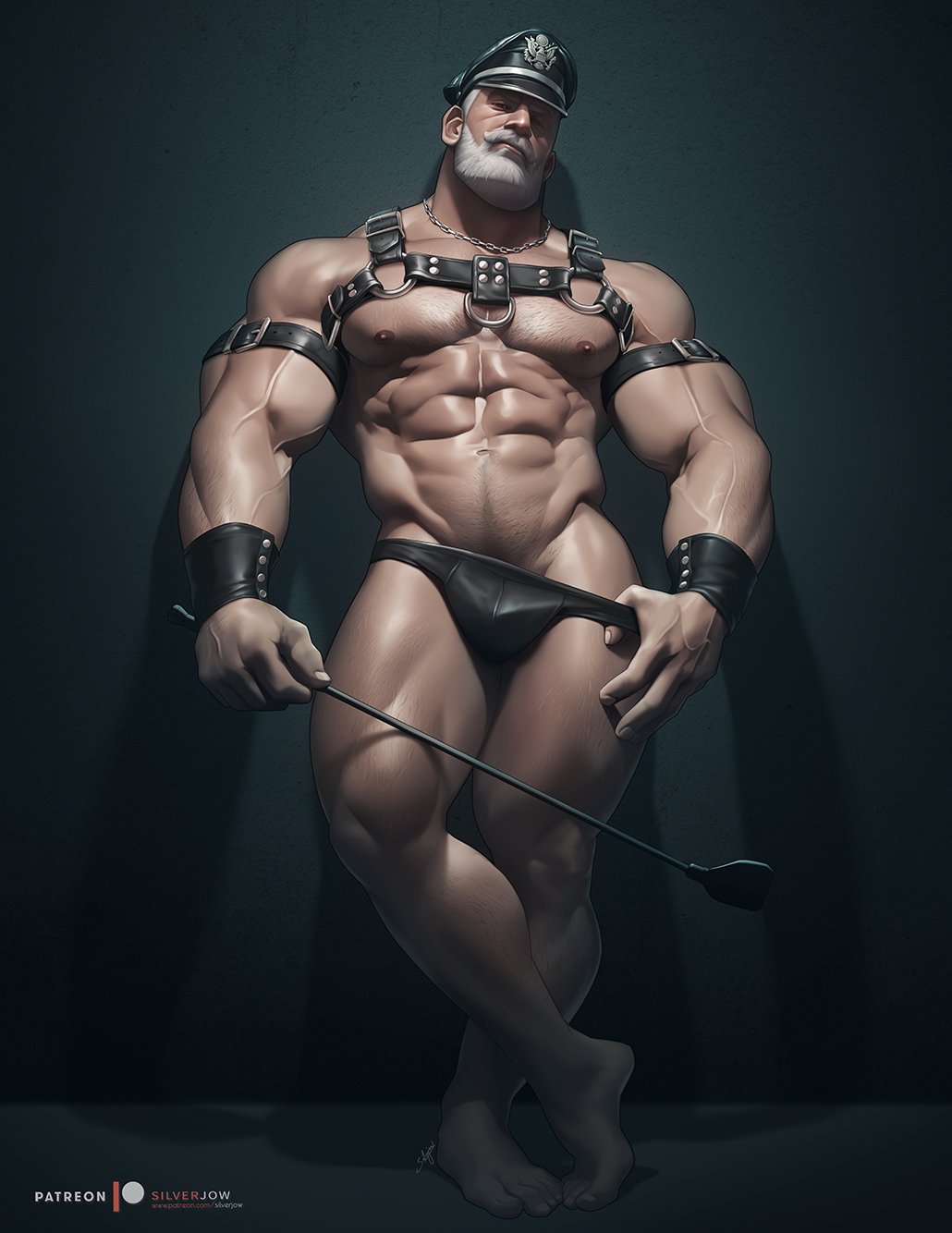 1boy abs bara bare_pectorals beard belt_buckle black_male_underwear briefs buckle bulge chest_belt come_hither dominator_(bdsm) facial_hair full_beard groin hairy hat head_tilt highres large_pectorals leather_underwear legs_together looking_at_viewer male_focus male_pubic_hair male_underwear male_underwear_pull mature_male muscular muscular_male navel navel_hair nipples o-ring o-ring_top old old_man original paid_reward_available peaked_cap pectorals pubic_hair pulled_by_self short_hair silverjow solo sparse_arm_hair sparse_chest_hair sparse_leg_hair sparse_navel_hair spotlight stomach strongman_waist thick_beard thick_eyebrows thick_neck thick_thighs thighs ulric_(silverjow) underwear veins veiny_arms