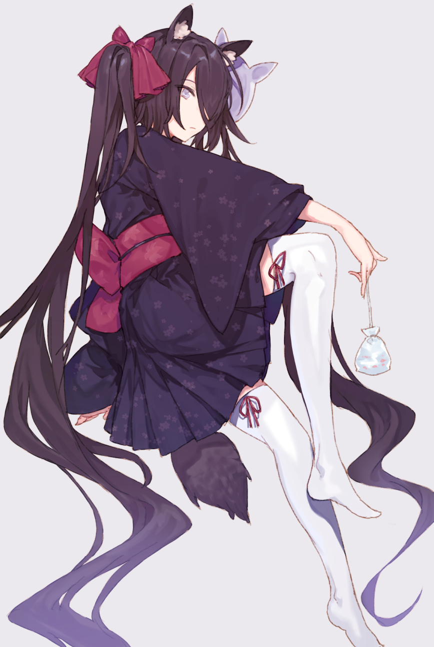 1girl animal_ear_fluff animal_ears bag black_hair black_kimono bow closed_mouth expressionless fifuth floral_print_kimono grey_background hair_bow hair_over_one_eye highres holding holding_bag invisible_chair japanese_clothes kimono knee_up leg_ribbon legs long_hair mask mask_on_head obi original purple_eyes red_bow red_ribbon red_sash ribbon sash simple_background sitting solo tail thigh_ribbon thighhighs twintails very_long_hair white_thighhighs yukata