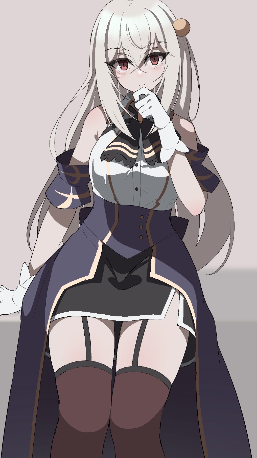 1girl ascot bare_shoulders black_ascot black_garter_straps black_thighhighs buttons cape closed_mouth collared_shirt crossed_bangs garter_straps gloves grey_background hair_between_eyes hand_rest hand_up highres long_hair looking_at_viewer ninym_ralei nsb36046_(na) purple_cape red_eyes shirt simple_background sitting sleeveless sleeveless_shirt smile solo tensai_ouji_no_akaji_kokka_saiseijutsu thighhighs waist_cape white_gloves white_hair white_shirt