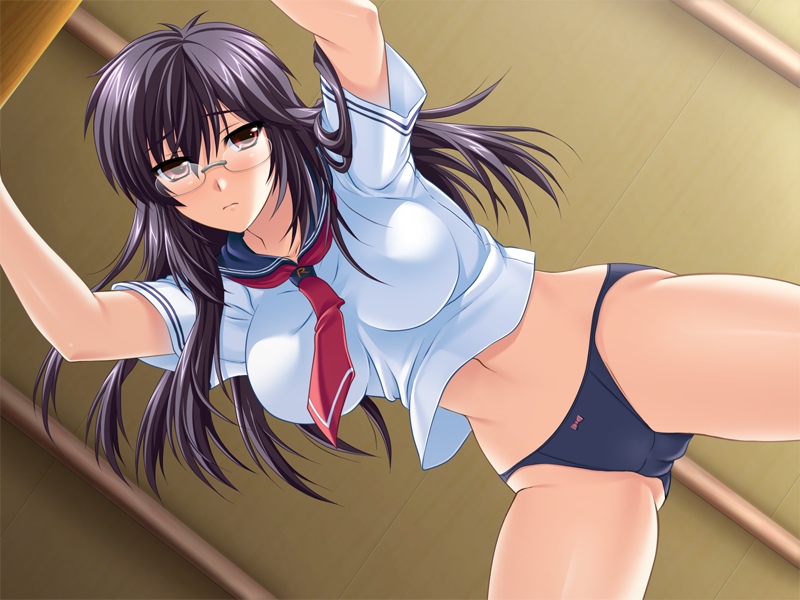 1girl black_hair blush breasts brown_eyes cameltoe embarrassed game_cg glasses highres large_breasts legs long_hair looking_at_viewer navel panties school_uniform shironeko_sanbou solo thighs tsuyokiss underwear yashi_nagomi