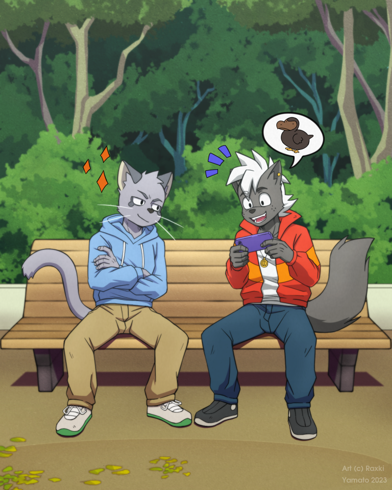 anthro avian bird cellphone columbid cougar crossed_arms dodo duo ear_piercing electronics felid feline hajime_tanaka_(odd_taxi) jewelry male male/male mammal mephitid necklace odd_taxi phone piercing raxkiyamato shun_imai_(odd_taxi) sitting skunk