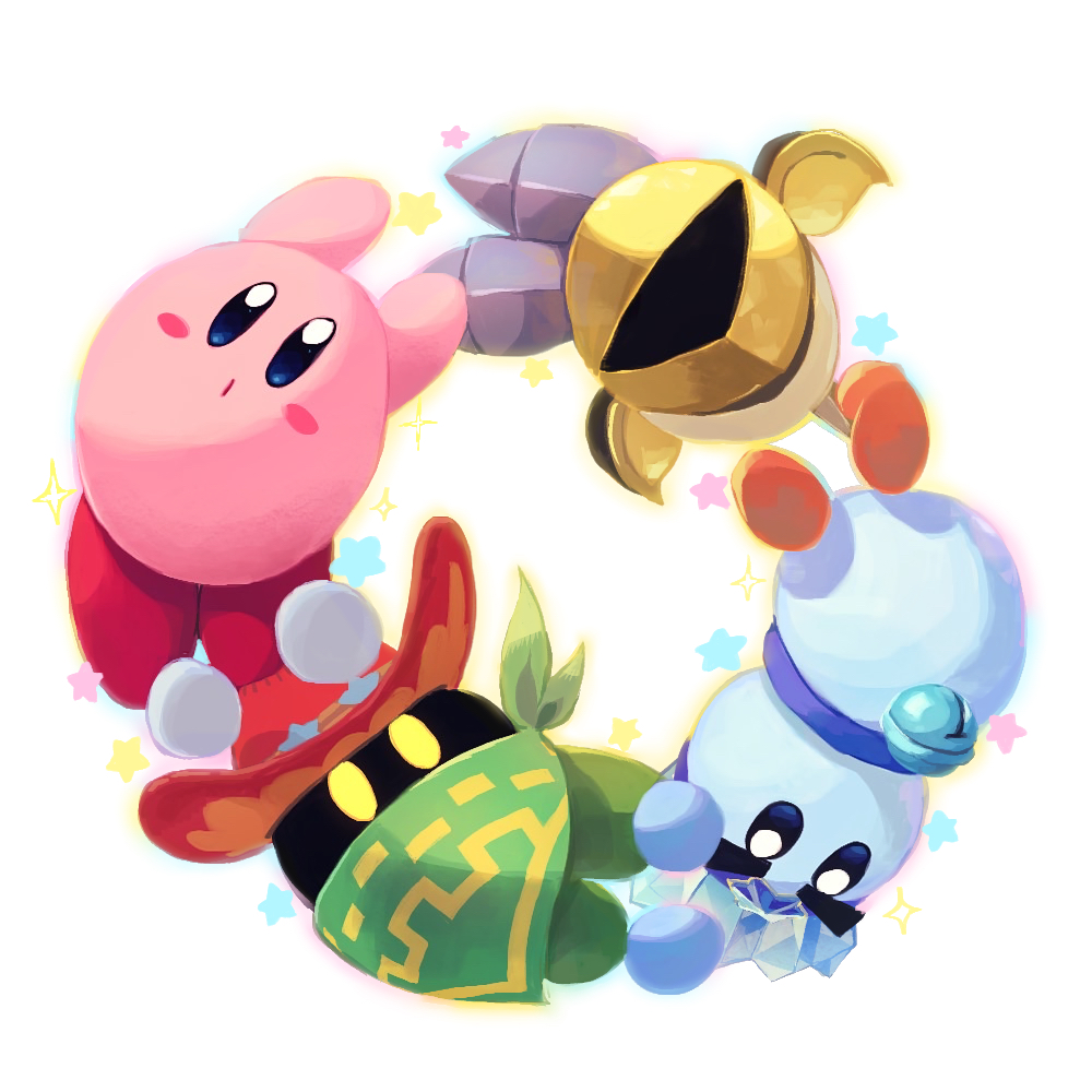 :o armored_boots arms_up bandana bell blue_eyes blush blush_stickers boots chilly_(kirby) closed_mouth commentary_request cowboy_hat eyes_in_shadow friend_circle green_bandana grey_footwear hat helm helmet jingle_bell kirby kirby:_star_allies kirby_(series) looking_at_viewer no_humans red_headwear simple_background sir_kibble snowman sparkle star_(symbol) suyasuyabi thick_eyebrows v-shaped_eyebrows wester_(kirby) white_background yellow_eyes