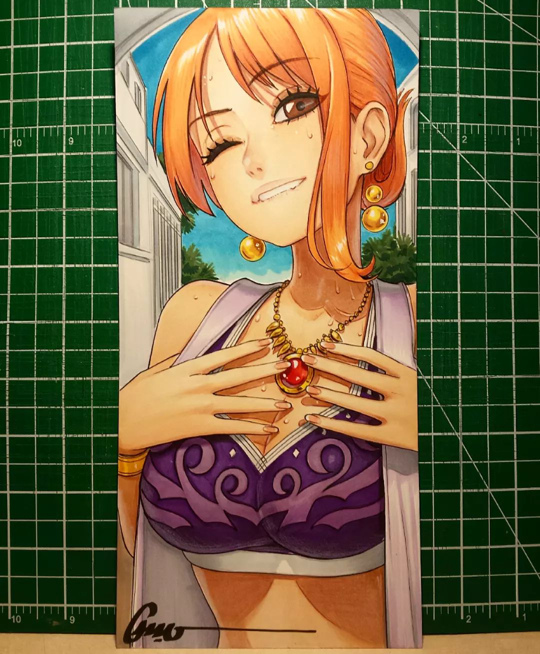 1girl bikini biting_own_lip brown_eyes brown_nails collarbone earrings english_commentary hair_behind_ear hands_on_own_chest highres jewelry looking_at_viewer midriff nami_(one_piece) necklace omar_dogan one_eye_closed one_piece orange_hair photo_(medium) pink_lips purple_bikini sky solo sweat sweatdrop swimsuit traditional_media tree upper_body