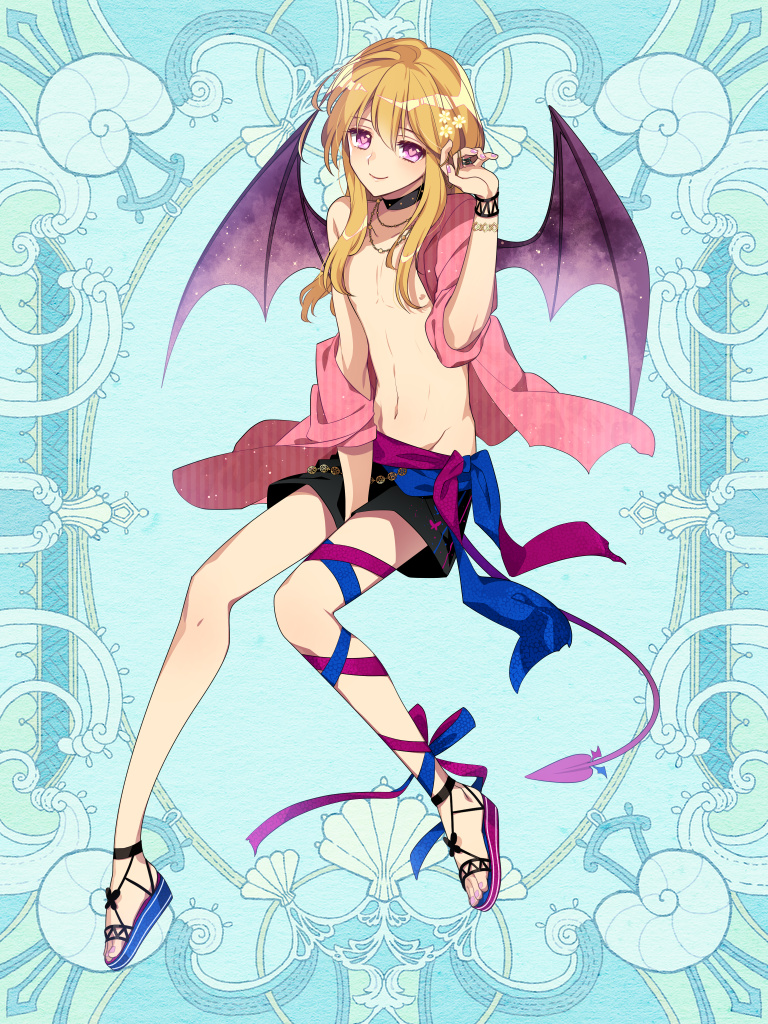 1boy androgynous between_legs black_choker blonde_hair blue_background blue_ribbon blue_sash choker closed_mouth demon_boy demon_tail demon_wings fingernails flower full_body girly_boy hair_between_eyes hair_flower hair_ornament hair_tucking hand_between_legs heart heart-shaped_pupils hip_bones invisible_chair ivy_saotome jacket jewelry kerberos_blade knees_together_feet_apart l_(matador) leg_ribbon long_hair long_sleeves looking_at_viewer male_focus male_swimwear nail_polish necklace no_shirt off_shoulder open_clothes open_jacket pink_eyes pink_jacket pink_nails platform_footwear purple_ribbon purple_sash purple_wings ribbon ring sandals sash sitting smile solo swim_trunks symbol-shaped_pupils tail toenail_polish toenails wings