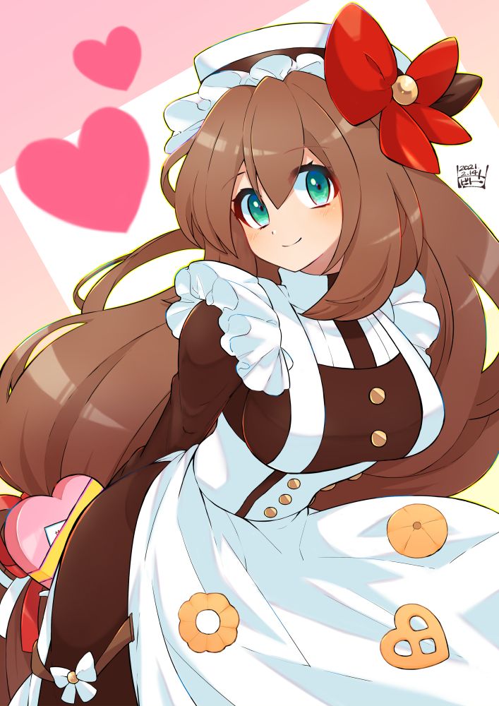 1girl alternate_costume arms_behind_back box breasts brown_hair closed_mouth enmaided gift green_eyes heart-shaped_box holding holding_gift humanoid_robot iris_(mega_man) large_breasts long_hair maid mega_man_(series) mega_man_x4 mega_man_x_(series) robot solo tobitori very_long_hair