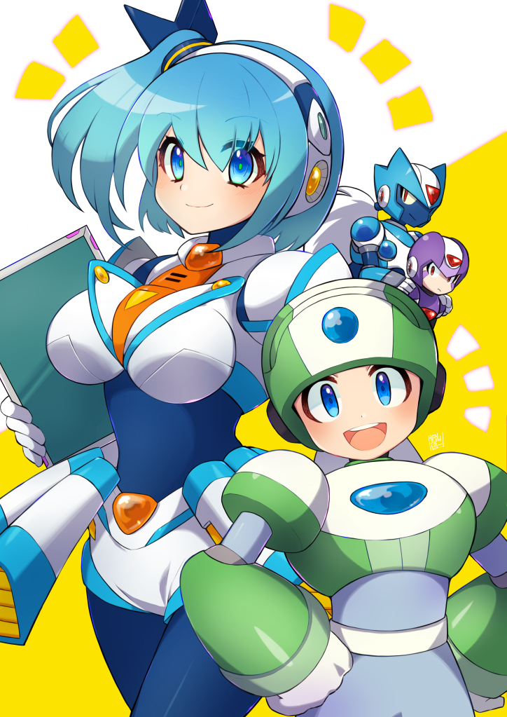 1girl 3boys blue_eyes blue_hair breasts character_request closed_mouth humanoid_robot large_breasts looking_at_viewer mega_man_(series) mega_man_x_(series) mega_man_x_dive multiple_boys open_mouth rico_(mega_man) robot short_hair short_ponytail teeth tobitori upper_teeth_only