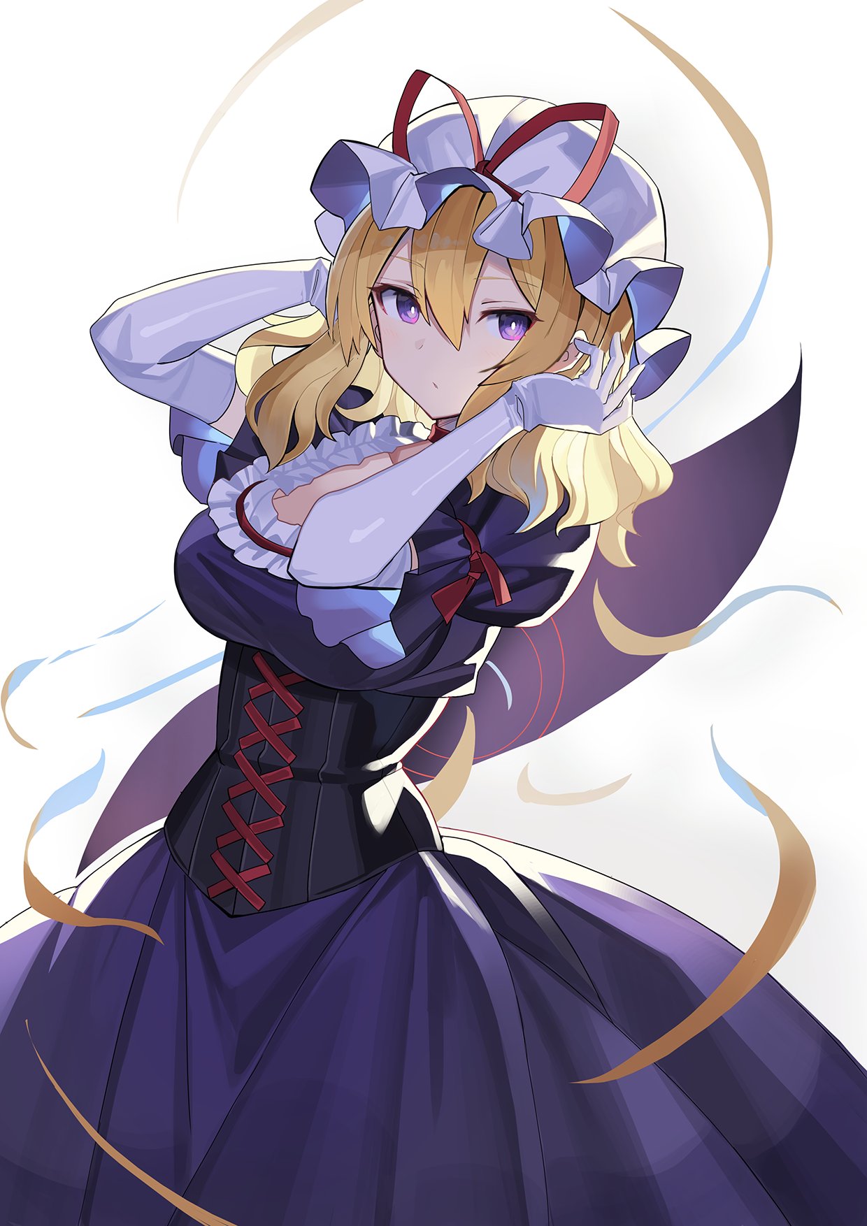1girl alternate_hair_length alternate_hairstyle arm_garter arms_up blonde_hair breasts bright_pupils choker closed_mouth commentary commentary_request corset cowboy_shot cross-laced_clothes cutting_hair dress elbow_gloves falken_(yutozin) frilled_dress frilled_hat frills gap_(touhou) gloves hair_between_eyes hat hat_ribbon highres large_breasts light_blush looking_at_viewer medium_hair mob_cap puffy_short_sleeves puffy_sleeves purple_dress purple_eyes red_choker red_ribbon revision ribbon scoop_neck severed_hair short_sleeves sidelocks simple_background sleeve_ribbon solo touhou white_background white_gloves white_headwear white_pupils yakumo_yukari