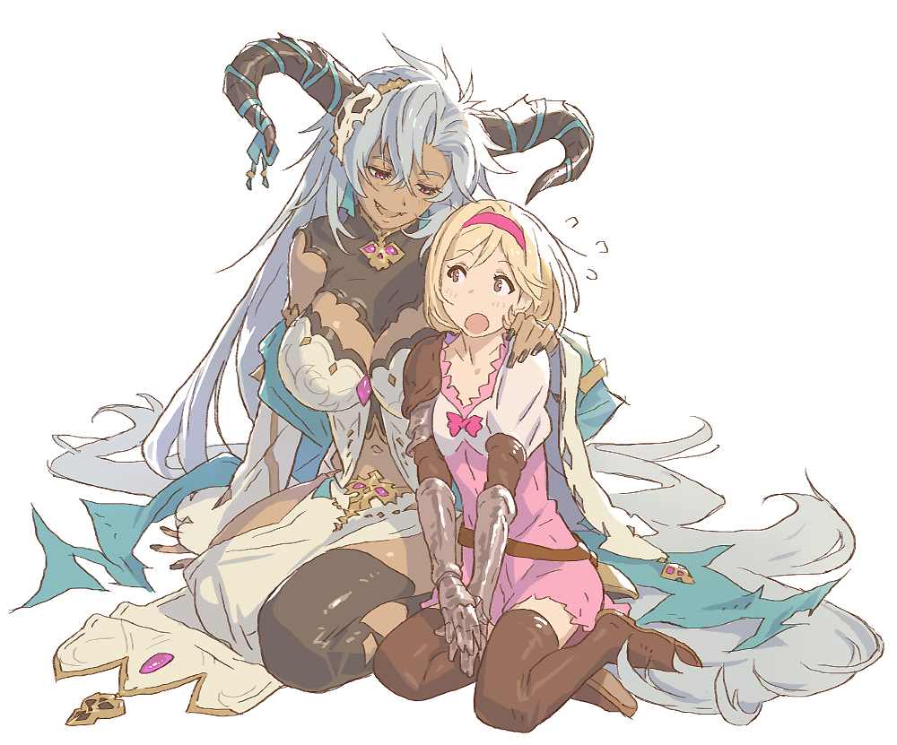 2girls black_horns black_nails blonde_hair boots breasts brown_eyes commentary dark-skinned_female dark_skin djeeta_(granblue_fantasy) dress fediel_(granblue_fantasy) gauntlets granblue_fantasy grey_hair hair_ornament hairband half-closed_eyes hand_on_another's_shoulder horns large_breasts long_hair looking_at_another matsuo_yuusuke multiple_girls navel open_mouth pink_dress short_hair simple_background single_thighhigh sitting skull_hair_ornament smile thigh_boots thighhighs very_long_hair white_background yokozuwari