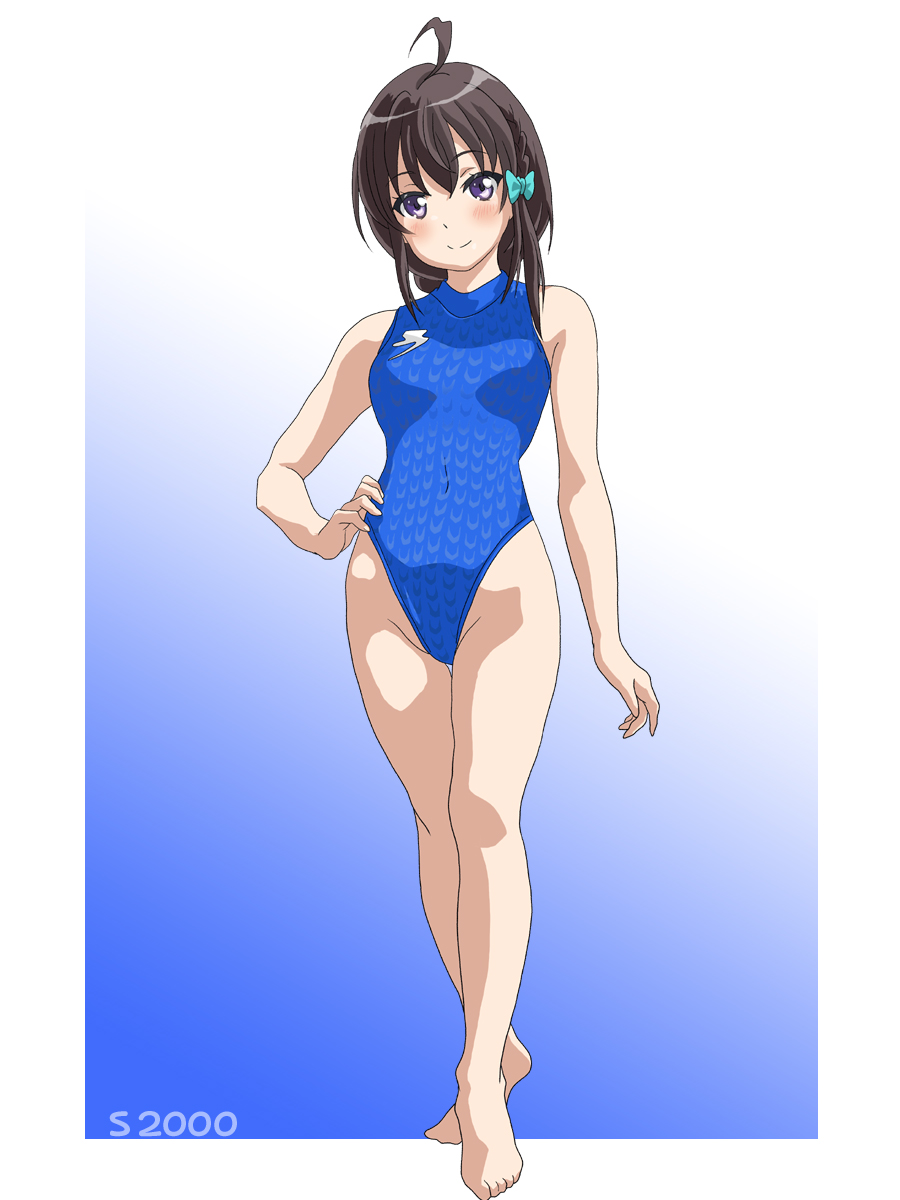 1girl ahoge alternate_skin_color black_hair blue_one-piece_swimsuit braid braided_ponytail commentary_request competition_swimsuit covered_navel full_body gradient_background hal-py hand_on_own_hip high_school_fleet highleg highleg_swimsuit highres long_hair one-piece_swimsuit purple_eyes side_braid sidelocks single_braid smile solo swimsuit turtleneck_swimsuit uchida_mayumi