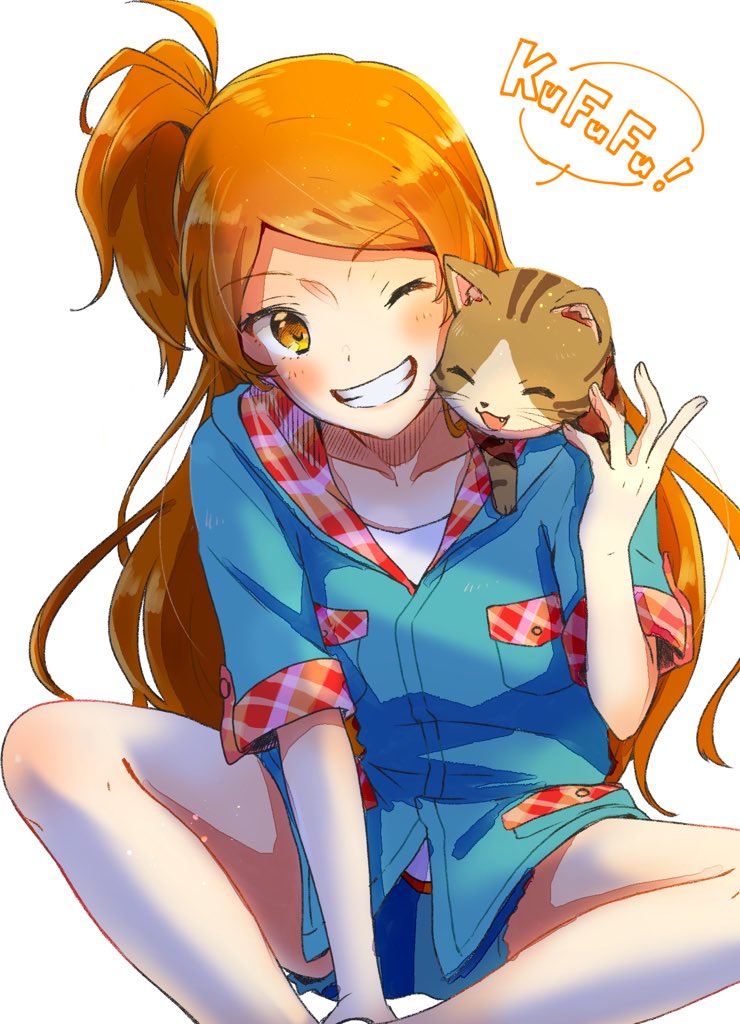 1girl animal_on_shoulder bare_legs blue_jacket blue_sleeves blush buttons cat commentary_request eyelashes feet_out_of_frame fingernails grin hood hood_down hooded_jacket idolmaster idolmaster_million_live! jacket kitten looking_at_viewer ogami_tamaki one_eye_closed one_side_up orange_eyes plaid pocket red_hood romaji_text short_sleeves simple_background sitting smile solo speech_bubble two-sided_hood white_background witoi_(roa)