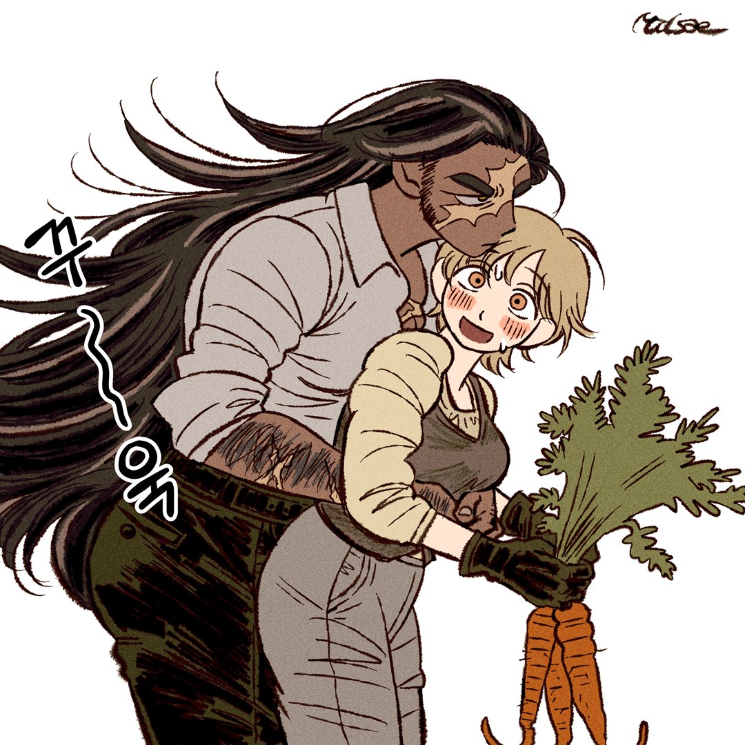 2girls arm_hair artist_name behind_another black_gloves black_pants blonde_hair blush brown_hair carrot closed_mouth collared_shirt commentary_request dark-skinned_female dark_skin film_grain gloves grey_pants grey_vest height_difference holding holding_carrot hug hug_from_behind korean_commentary korean_text long_hair long_sideburns long_sleeves looking_at_another milsae multicolored_hair multiple_girls open_collar open_mouth orange_eyes original pants scar scar_on_arm scar_on_chest scar_on_face shirt sideburns signature simple_background sleeves_rolled_up smelling smelling_hair streaked_hair sweat thick_eyebrows translation_request vest white_background white_shirt wide-eyed wing_collar yellow_shirt yuri