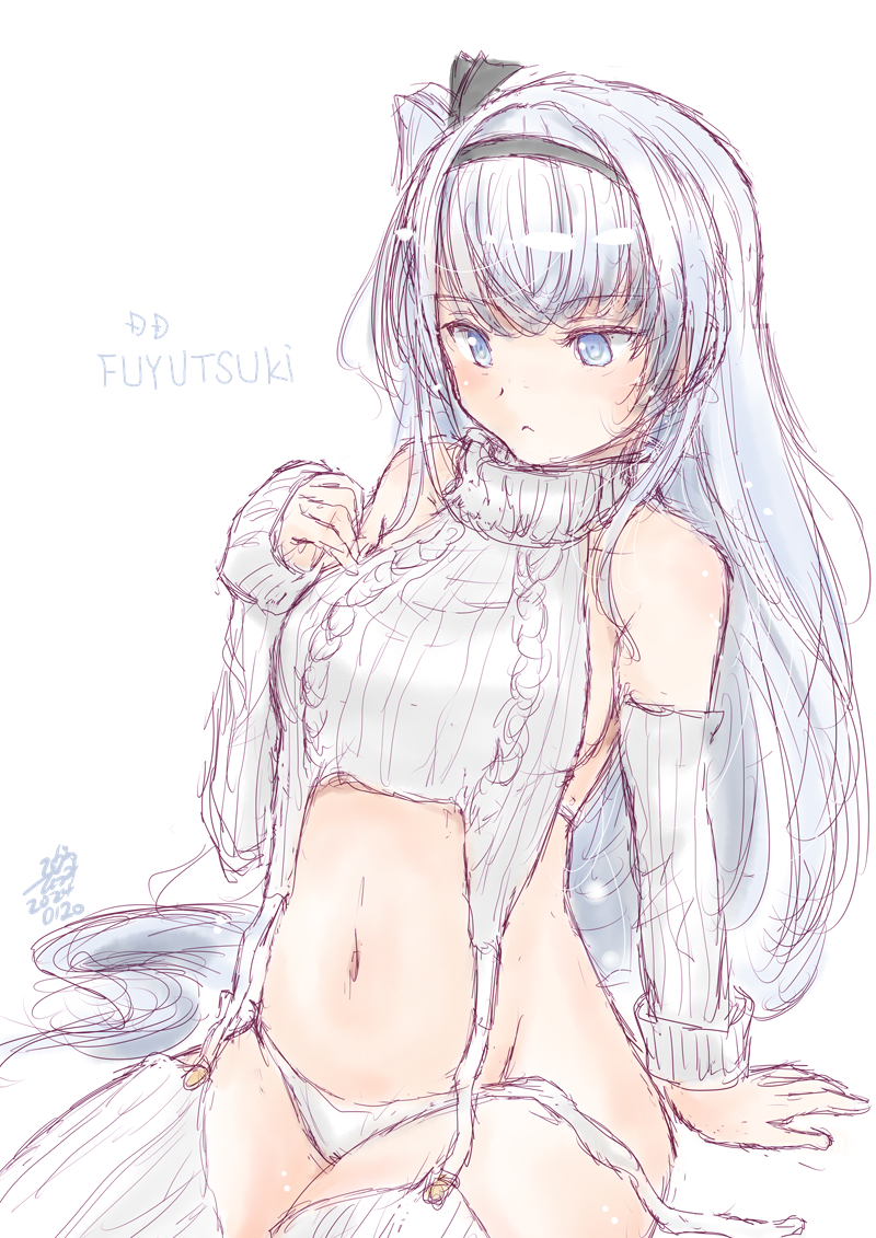 1girl alternate_costume aran_legwear black_hairband detached_sleeves fuyutsuki_(kancolle) garter_straps grey_eyes hairband kantai_collection koshigaya_tatsumi long_hair meme_attire navel one-hour_drawing_challenge one_side_up panties ribbed_legwear ribbed_panties ribbed_sleeves ribbed_sweater ribbed_thighhighs side-tie_panties simple_background sleeveless sleeveless_sweater sleeveless_turtleneck solo sweater turtleneck turtleneck_sweater underwear untied_panties virgin_destroyer_sweater white_background white_garter_straps white_hair white_panties white_sweater