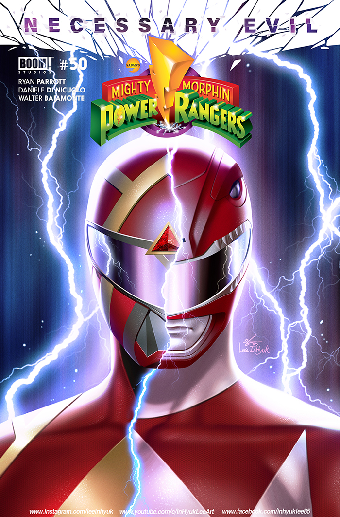 1boy artist_name bodysuit boom!_studios comic_cover cover_image hasbro helmet in-hyuk_lee instagram_username male_focus mask mighty_morphin_power_rangers official_art omega_red_ranger power_rangers red_bodysuit red_ranger signature tokusatsu western_comics_(style)