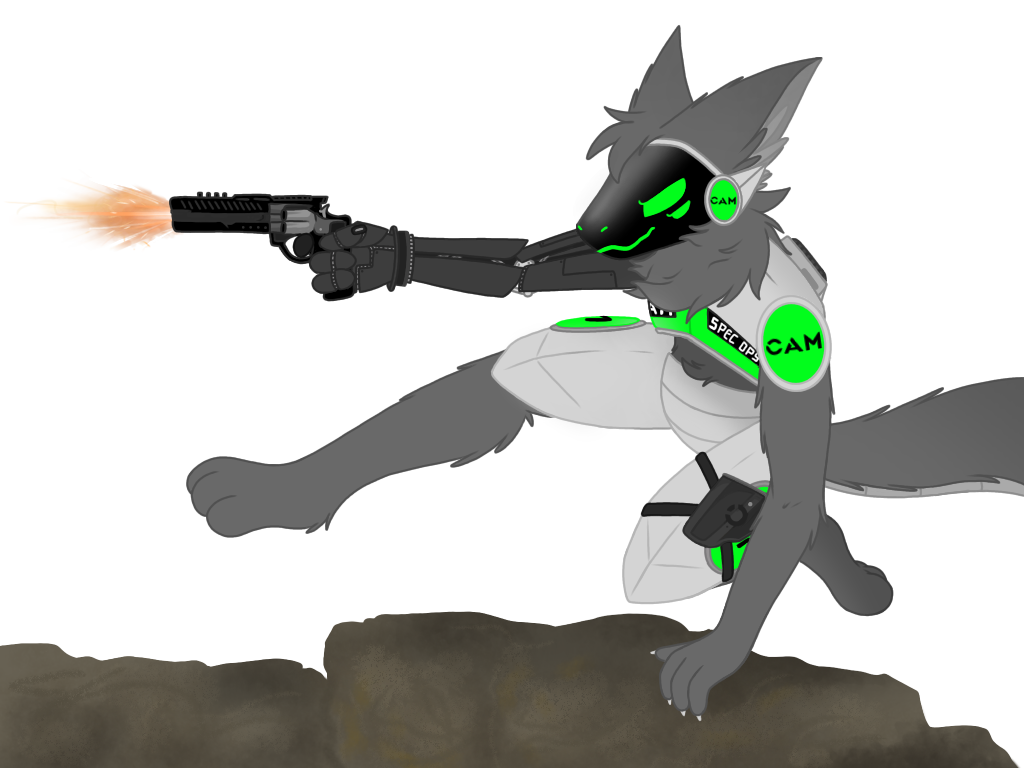 4_eyes anthro c.a.m. canid canine canis carbon_fiber climbing cybernetics digital_media_(artwork) feet fluffy fluffy_tail fur green_body green_eyes grey_body grey_fur gun hair handgun holding_gun holding_object holding_weapon holster jackal kytcrafts led_mask machine male mammal military multi_eye neck_tuft pistol prosthetic protogen ranged_weapon revolver robot_arm robotic_arm screen screen_face shooting smile solo spec_ops special_forces tail thrusters tuft weapon yuri_chacal