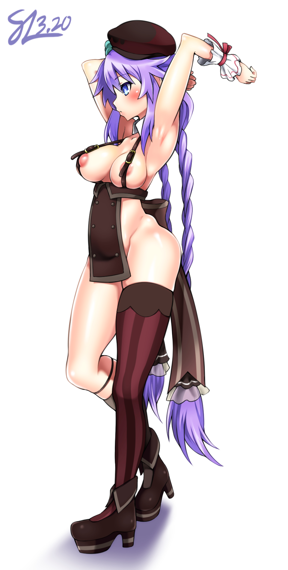1girl alternate_costume armpits arms_behind_head arms_up asymmetrical_legwear blue_eyes blush boots braid breasts breasts_out buttons detached_collar double-breasted from_side full_body groin hat high_heel_boots high_heels highres hip_focus kneehighs kurozero long_hair looking_to_the_side neptune_(series) no_panties power_symbol purple_hair purple_heart_(neptunia) sideless_outfit single_thighhigh skindentation socks solo standing striped_clothes striped_thighhighs symbol-shaped_pupils thighhighs thighs twin_braids twintails vertical-striped_clothes vertical-striped_thighhighs very_long_hair