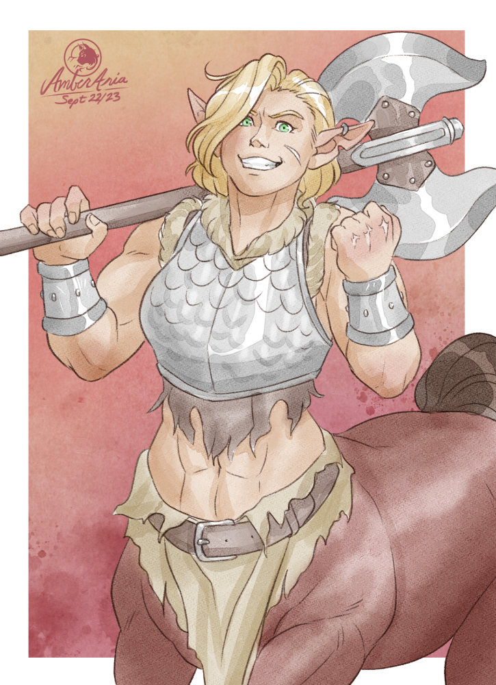 5_fingers abs amber-aria armlet armor artist_logo artist_name barbarian belt biceps big_muscles blonde_hair border brown_body brown_fur centaur clenched_teeth dated ear_piercing equid equid_taur facial_scar female fingers fist fur gradient_background green_eyes hair holding_axe holding_object holding_weapon humanoid_pointy_ears humanoid_taur khara_(seriva) logo looking_at_viewer mammal mammal_taur metal_armor muscular muscular_female muscular_taur outside_border piercing portrait scale_armor scar silver_(metal) silver_armor simple_background smile smiling_at_viewer solo split_form taur teeth three-quarter_portrait weapon white_border
