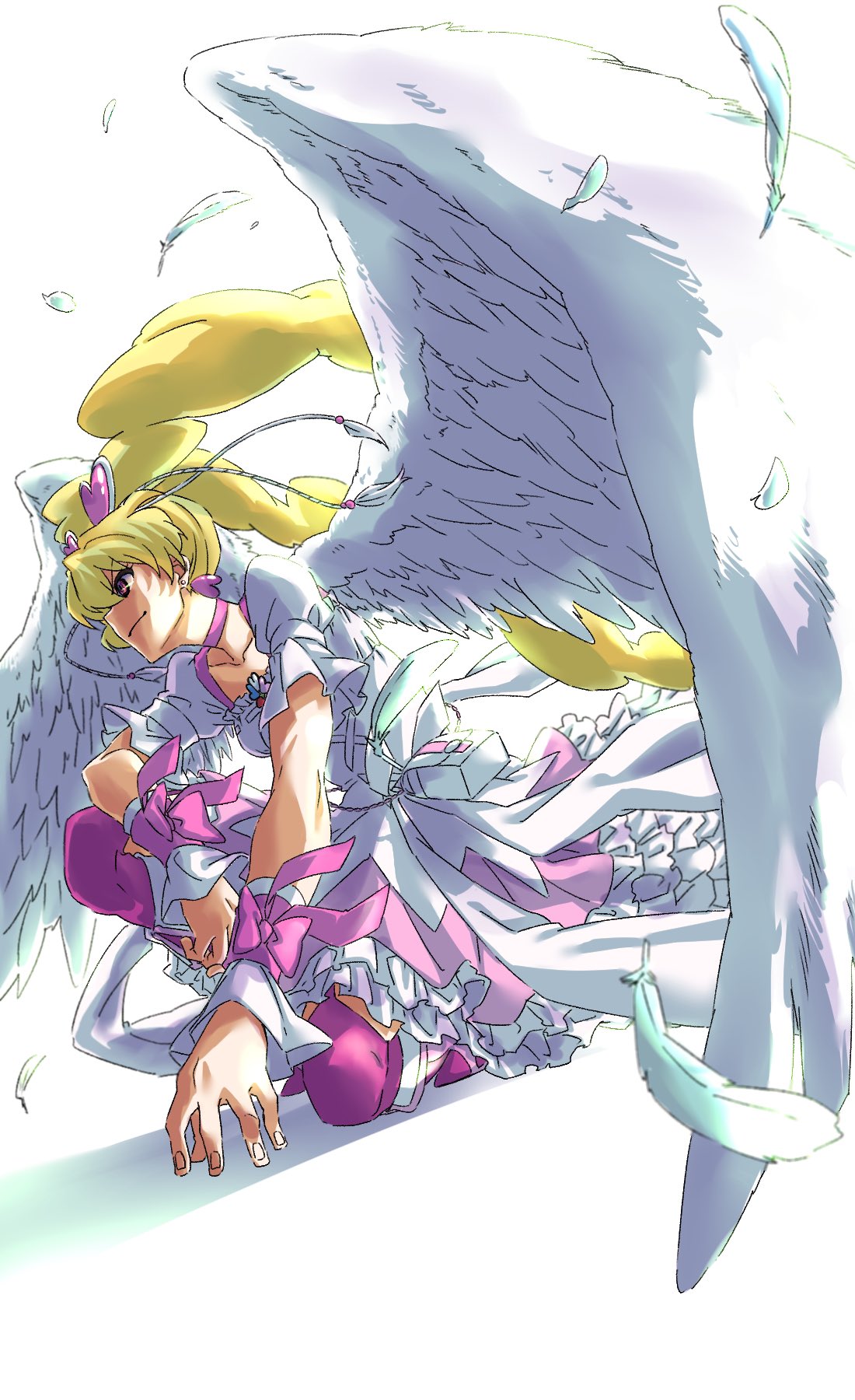 0ekqk1 1girl angel_wings backlighting blonde_hair boots cure_peach cure_peach_(angel) dress earrings feather_hair_ornament feathers foreshortening fresh_precure! from_side full_body hair_ornament heart heart_earrings heart_hair_ornament highres jewelry kneeling long_hair magical_girl momozono_love pink_background pink_thighhighs precure thighhighs twintails white_background white_dress white_wings wings