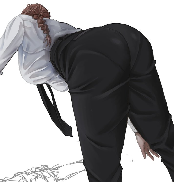 1girl ass ass_focus black_necktie black_pants braid braided_ponytail breasts business_suit chainsaw_man collared_shirt commentary_request erupusai2 formal large_breasts long_hair makima_(chainsaw_man) necktie office_lady pants ponytail red_hair shirt simple_background solo suit tagme white_background white_shirt