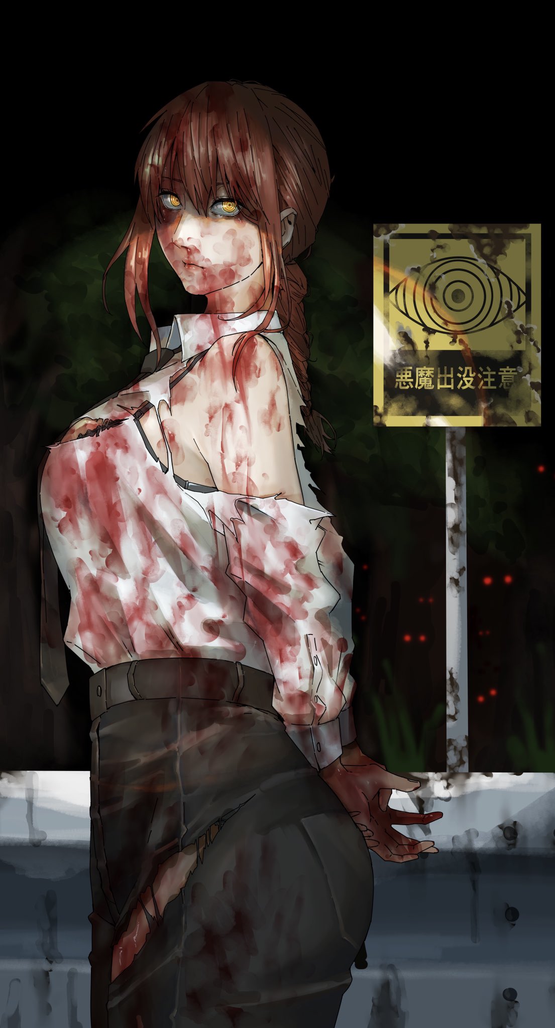 1girl arms_behind_back black_background black_necktie black_pants blood blood_on_clothes blood_on_face blood_on_hands braid braided_ponytail breasts business_suit chainsaw_man commentary_request erupusai2 highres long_hair looking_at_viewer makima_(chainsaw_man) necktie pants plate red_hair ringed_eyes shirt solo suit torn_clothes white_shirt yellow_eyes