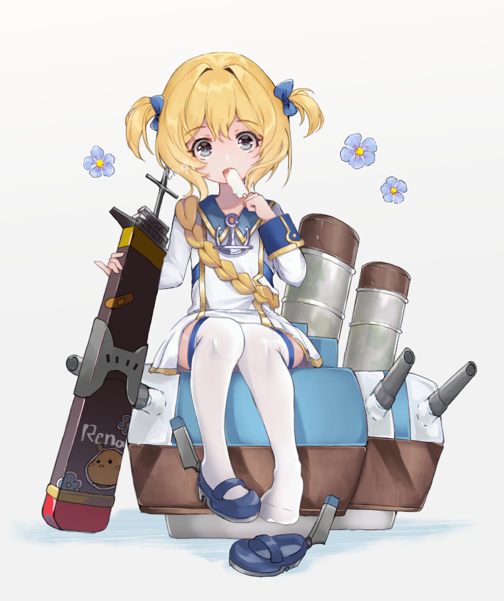 1girl azur_lane blonde_hair blue_flower blue_footwear blue_ribbon dress flower food funnel green_eyes hair_intakes hair_ribbon hands_up holding holding_food holding_popsicle little_renown_(azur_lane) long_sleeves looking_at_viewer manjuu_(azur_lane) mary_janes monidare popsicle ribbon shoes short_dress short_hair signature simple_background sitting solo thighhighs turret two_side_up white_background white_dress white_thighhighs