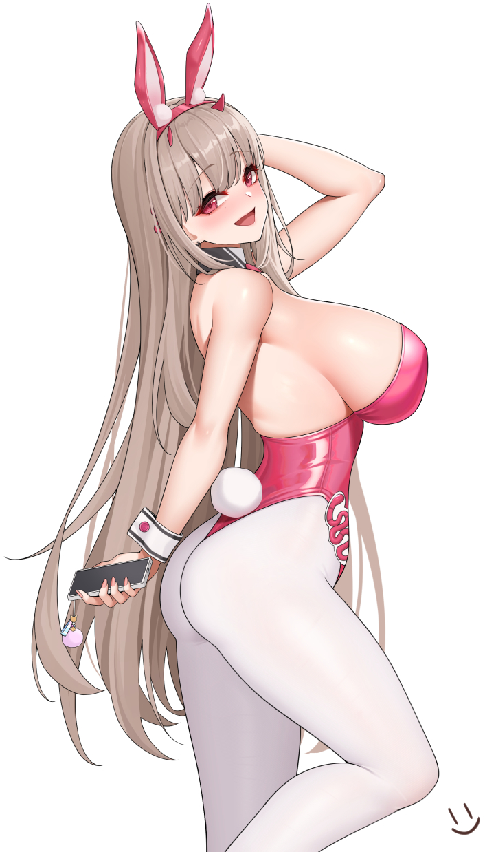 :d animal_ears arm_up bare_arms bare_shoulders blush breasts fake_animal_ears fake_tail feet_out_of_frame from_side goddess_of_victory:_nikke grey_hair highleg highleg_leotard highres holding holding_phone large_breasts leotard long_hair looking_to_the_side official_alternate_costume open_mouth pantyhose phone pink_eyes pink_leotard playboy_bunny rabbit_ears rabbit_tail simple_background smile solo standing tail thighs viper_(nikke) viper_(toxic_rabbit)_(nikke) wei_xiao white_background white_pantyhose wrist_cuffs