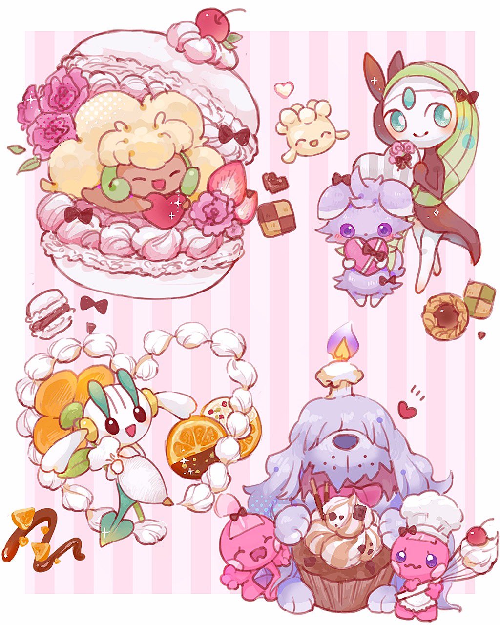 :d aqua_eyes border box bright_pupils cherry chocolate closed_eyes closed_mouth colored_skin commentary_request cream cupcake curled_horns dark_skin dog espurr fangs fire floette flower food freckles fruit greavard grey_fur heart heart-shaped_box highres holding holding_whisk horns hyoudo_(d2_isu) macaron meloetta milcery no_humans notice_lines open_mouth outside_border pink_background pink_flower pink_skin pokemon pokemon_(creature) purple_eyes purple_fire skin_fangs smile sparkle strawberry striped_background tinkatink two-tone_background wavy_mouth whimsicott whisk white_background white_border white_pupils