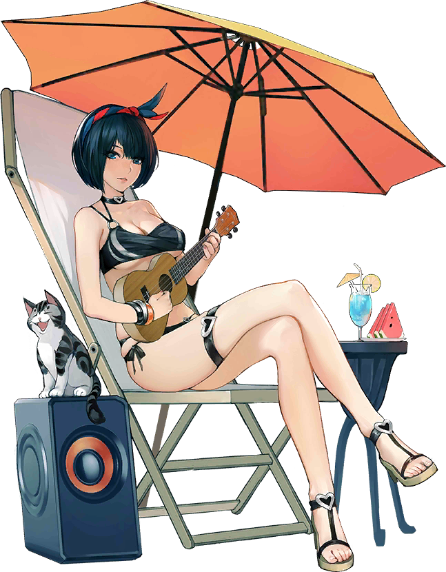 1girl bare_shoulders bikini black_bikini black_choker black_hair blue_eyes bracelet breasts cat chair choker cleavage cup drink food fruit full_body guitar hairband holding holding_guitar holding_instrument instrument iron_saga jewelry music official_alternate_costume official_art orange_umbrella playing_guitar playing_instrument sandals sawano_hiroko_(iron_saga) sitting solo swimsuit thigh_strap third-party_source transparent_background umbrella underboob watermelon watermelon_slice