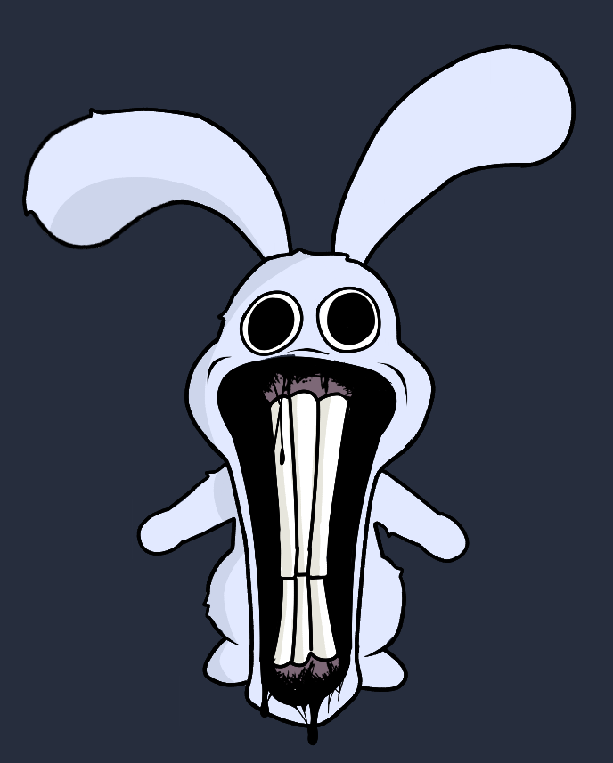 ambiguous_fluids ambiguous_gender big_ears black_fluid gooblie_2 grey_background gums lagomorph leporid long_teeth mammal rabbit simple_background smile solo soulless_eyes uncanny_valley unusual_anatomy white_body