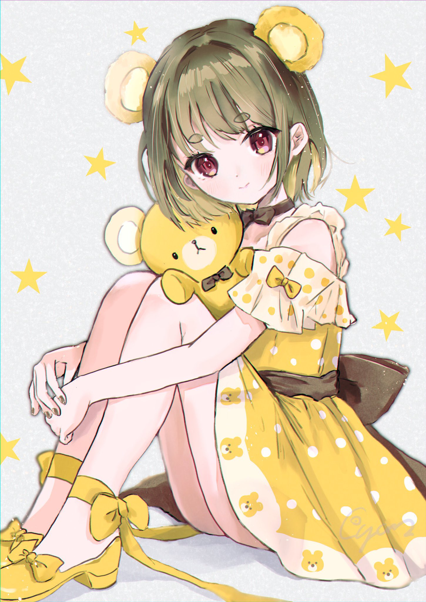 1girl animal_ears animal_print ankle_ribbon artist_name bare_arms bare_legs bare_shoulders bear_ears bear_print bow brown_nails closed_mouth cyan_(sasukeone3) detached_sleeves dress flats footwear_bow full_body green_hair grey_background highres hugging_own_legs leg_ribbon light_particles light_smile looking_at_viewer original own_hands_together polka_dot polka_dot_dress red_eyes ribbon short_hair short_sleeves signature sitting solo star_(symbol) stuffed_animal stuffed_toy teddy_bear yellow_bow yellow_dress yellow_footwear yellow_ribbon yellow_theme
