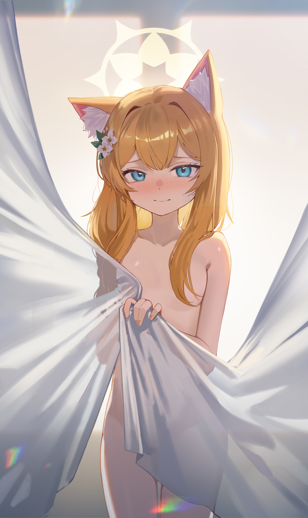 1girl animal_ear_fluff animal_ears blue_archive blue_eyes blush breasts closed_mouth collarbone completely_nude covering_privates cowboy_shot daika!! fingernails flower groin hair_flower hair_ornament halo highres long_hair looking_at_viewer mari_(blue_archive) nude nude_cover orange_hair small_breasts solo standing white_flower yellow_halo