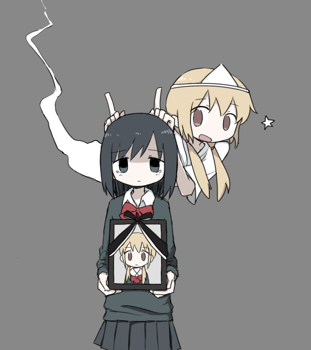 2girls bad_id bad_twitter_id black_eyes black_hair blonde_hair bow bowtie brown_eyes bunny_ears_prank closed_mouth collared_shirt empty_eyes ghost ghost_tail green_sweater grey_background grey_skirt holding holding_photo iei long_hair long_sleeves looking_at_viewer medium_hair multiple_girls original photo_(object) pleated_skirt red_bow red_bowtie right-over-left_kimono shirt simple_background skirt smile star_(symbol) straight-on sweater tearing_up triangular_headpiece umi_ha_kirai white_shirt