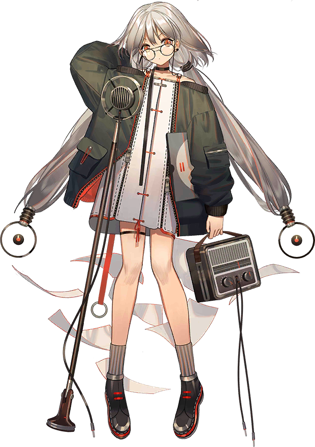 1girl black_jacket choker earrings full_body glass holding holding_radio iron_saga jacket jewelry long_hair microphone norizc official_art orange_eyes paper shoes socks solo thigh_strap third-party_source transparent_background white_hair windsor_(iron_saga)