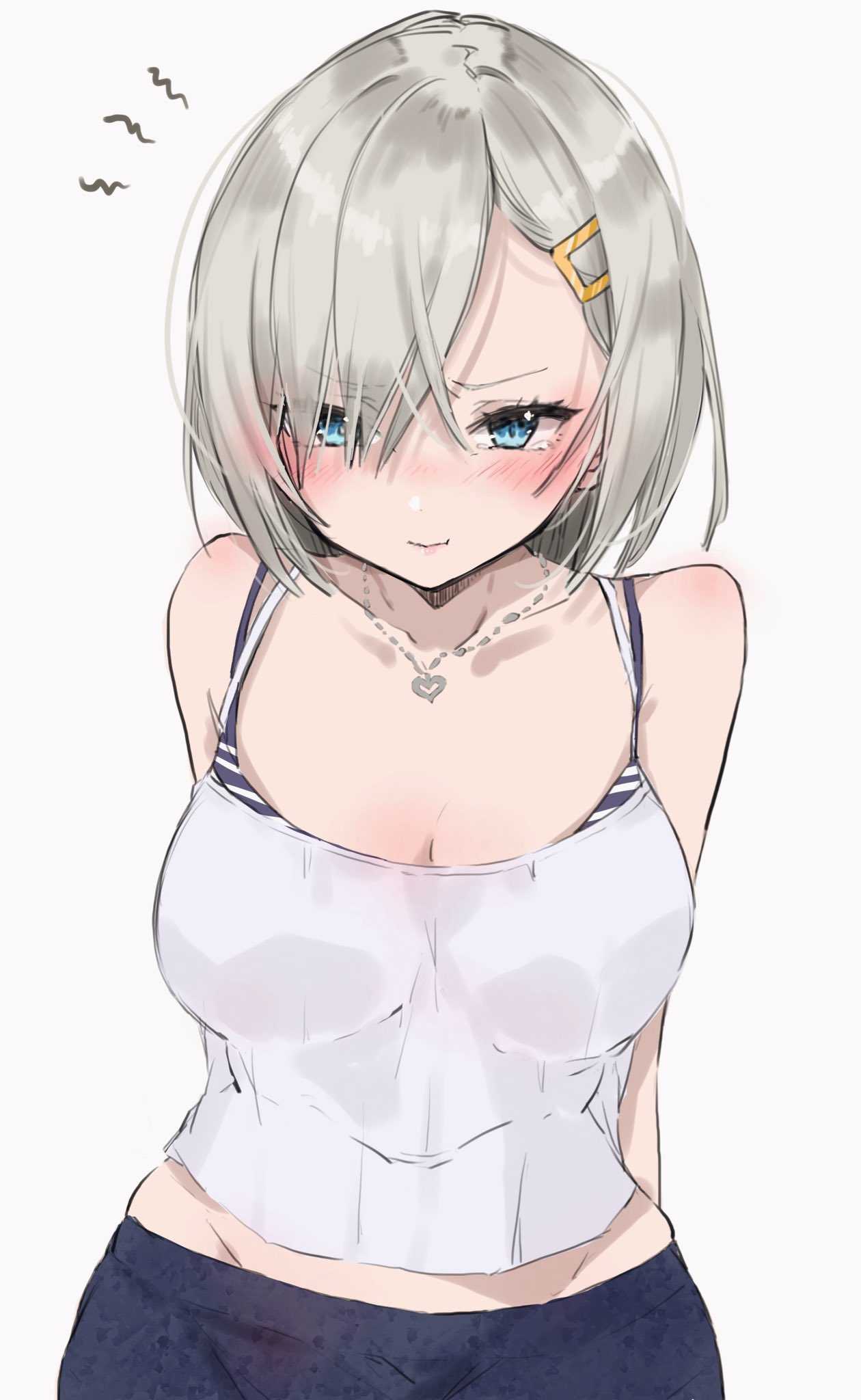1girl alternate_costume arms_behind_back bare_shoulders blue_eyes blush breasts chigasaki_yukari cleavage closed_mouth grey_background grey_hair hair_between_eyes hair_ornament hair_over_one_eye hairclip hamakaze_(kancolle) heart heart_necklace highres jewelry kantai_collection large_breasts looking_at_viewer necklace short_hair simple_background solo tank_top tears white_tank_top