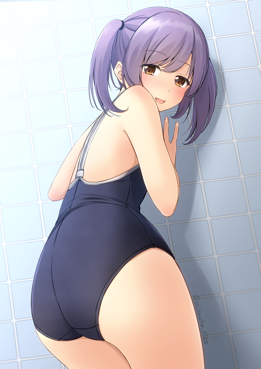 1girl against_wall ass blue_one-piece_swimsuit brown_eyes competition_school_swimsuit cowboy_shot highres looking_at_viewer looking_back one-piece_swimsuit original purple_hair school_swimsuit shibacha short_hair solo swimsuit tile_wall tiles twintails