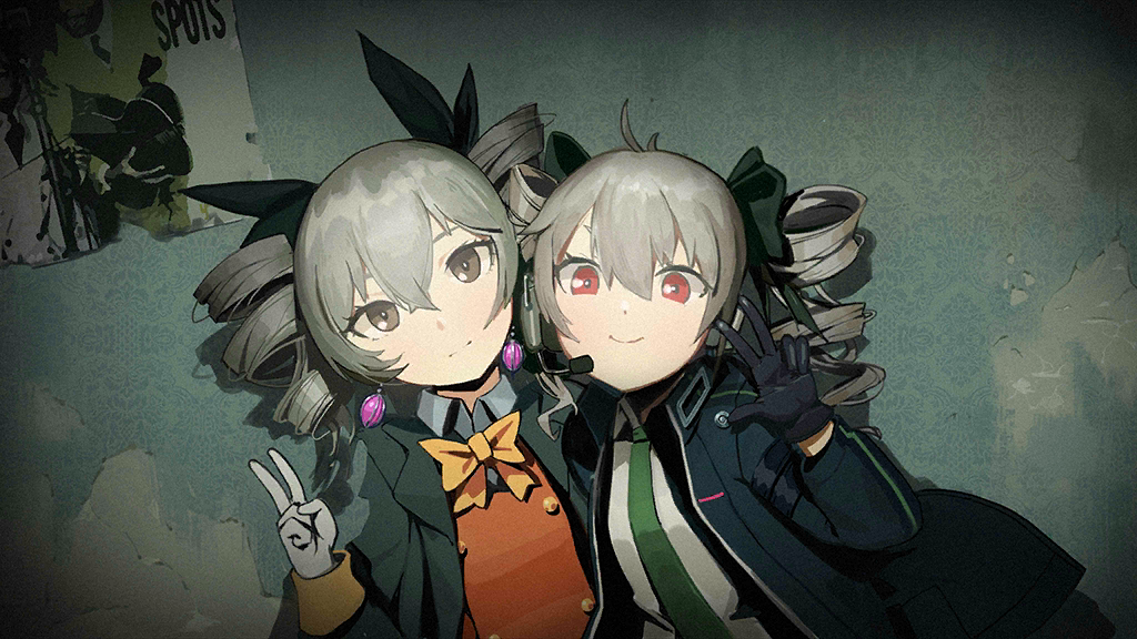 2girls ahoge benghuai_xueyuan black_gloves bow bronya_zaychik crossover drill_hair earpiece earrings girls'_frontline gloves grey_eyes grey_hair hair_between_eyes hair_bow hand_up honkai_(series) jacket jewelry look-alike multiple_girls official_art open_clothes open_jacket orange_bow poster_(object) pp-90_(girls'_frontline) red_eyes smile third-party_source v white_gloves