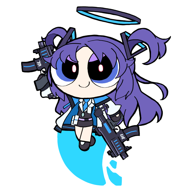 1girl blue_archive blue_necktie chibi full_body gun h&amp;k_mp5 halo mechanical_halo necktie powerpuff_girls_(style) purple_eyes purple_hair simple_background smile solo submachine_gun taube_dorf twintails weapon weapon_request white_background yuuka_(blue_archive)