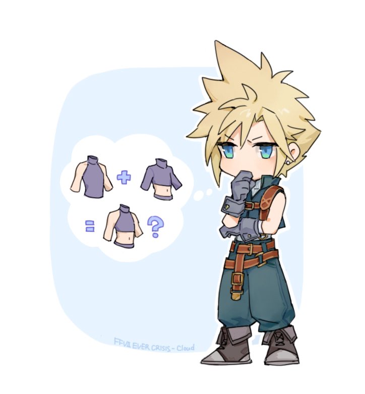 1boy ? belt blonde_hair blue_background blue_eyes blue_gloves blue_pants blue_vest boots character_name chest_strap chibi cloud_strife cloud_strife_(zidane's_outfit) commentary copyright_name crop_top cropped_vest earrings final_fantasy final_fantasy_vii final_fantasy_vii_ever_crisis full_body furrowed_brow gloves grey_footwear hand_to_own_mouth hands_up high_collar jewelry leather_belt male_focus maoli45222137 multiple_belts official_alternate_costume outline pants puffy_pants shirt short_hair shoulder_belt simple_background sleeveless sleeveless_turtleneck solo spiked_hair standing stud_earrings symbol-only_commentary thought_bubble turtleneck vest white_outline white_shirt
