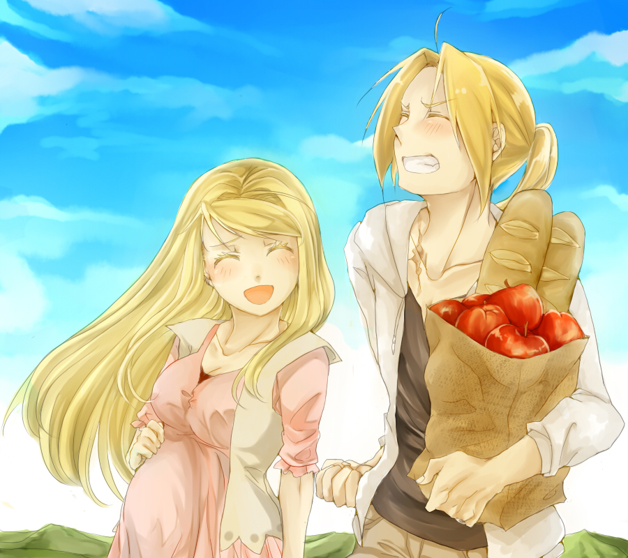 1boy 1girl al13 apple bag baguette blonde_hair blush bread breasts carrying_bag cleavage closed_eyes dress edward_elric food fruit fullmetal_alchemist open_mouth paper_bag pink_dress pregnant scar smile winry_rockbell