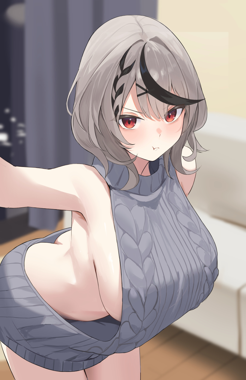 1girl :t alternate_costume armpits ass backless_outfit bare_arms bare_shoulders black_hair blush braid breasts butt_crack closed_mouth commentary grey_hair grey_sweater hair_ornament haro_art highres hololive indoors large_breasts meme_attire multicolored_hair parted_bangs pout reaching reaching_towards_viewer red_eyes sakamata_chloe sideboob sideless_sweater single_braid solo streaked_hair sweater v-shaped_eyebrows virgin_killer_sweater virtual_youtuber x_hair_ornament