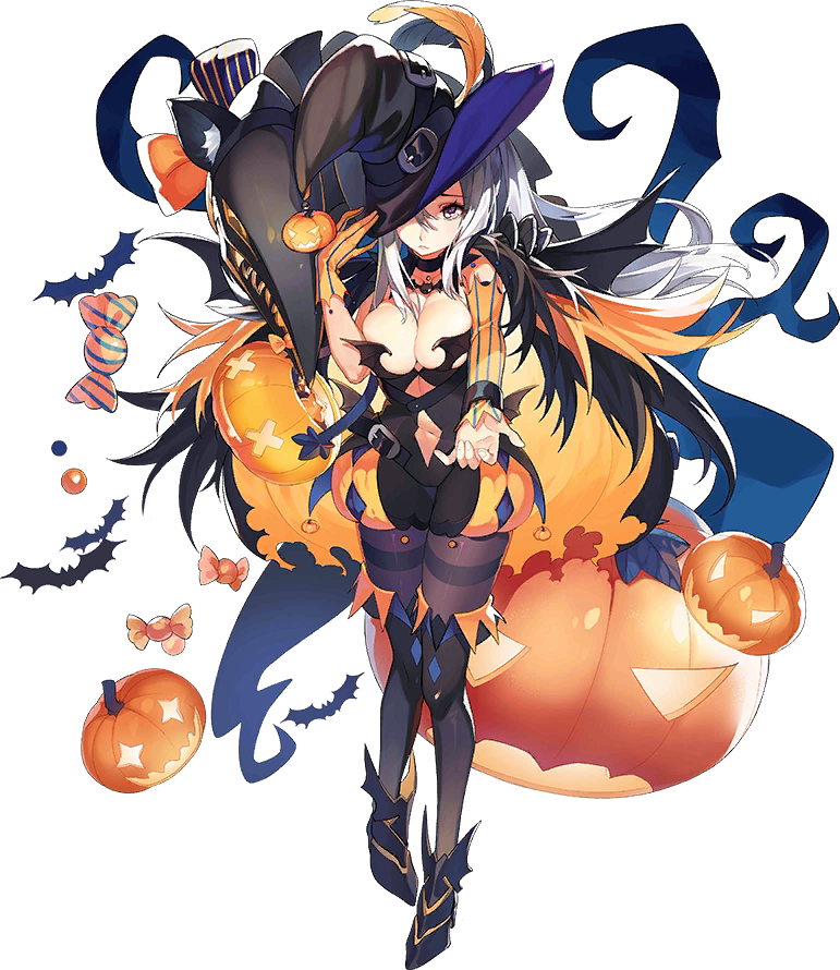 1girl animal_ears bat_ears breasts candy cleavage detached_sleeves fake_animal_ears food full_body gloves halloween_costume hat iron_saga linda_(iron_saga) long_hair official_alternate_costume official_art orange_gloves pantyhose pumpkin purple_eyes single_glove solo third-party_source transparent_background white_hair witch_hat