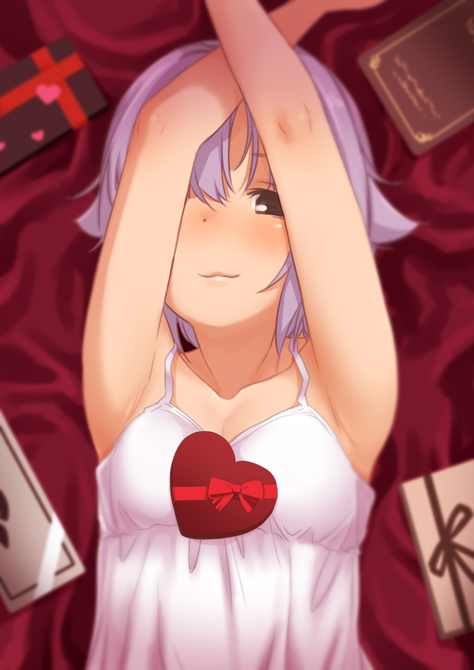 1girl armpits arms_up blush box camisole collarbone gift gift_box heart-shaped_box idolmaster idolmaster_cinderella_girls koshimizu_sachiko light_smile looking_at_viewer lying on_back one_eye_covered purple_hair sakaki_imasato solo upper_body valentine white_camisole