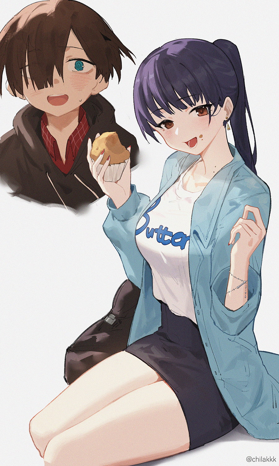 1boy 1girl black_hair black_skirt blue_coat blue_eyes boku_no_kokoro_no_yabai_yatsu bracelet brown_eyes brown_hair chilakkk coat food food_on_face hair_over_one_eye highres holding holding_food ichikawa_kyoutarou jewelry miniskirt muffin open_mouth ponytail print_shirt red_nails ringed_eyes shirt short_hair simple_background skirt white_background white_shirt yamada_anna