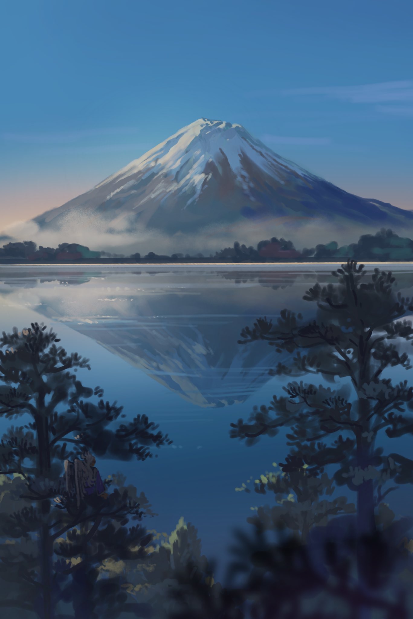 blue_sky blurry blurry_foreground commentary_request day highres lake mount_fuji mountain nature no_humans original outdoors reflection reflective_water scenery sky tree water zbntime