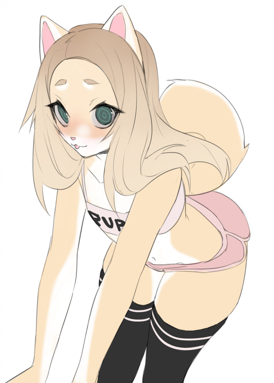 2021 anthro black_clothing black_legwear black_thigh_highs blonde_hair bottomwear brown_body brown_eyebrows brown_fur canid canine canis clothing countershading digital_media_(artwork) domestic_dog eyebrows female fur green_eyes hair hi_res legwear mammal multicolored_body multicolored_fur pink_bottomwear pink_clothing pink_inner_ear pink_tongue portrait rofortyseven simple_background smile solo sports_panties thigh_highs three-quarter_portrait tongue tongue_out two_tone_body two_tone_fur white_background white_body white_countershading white_fur yellow_body yellow_fur