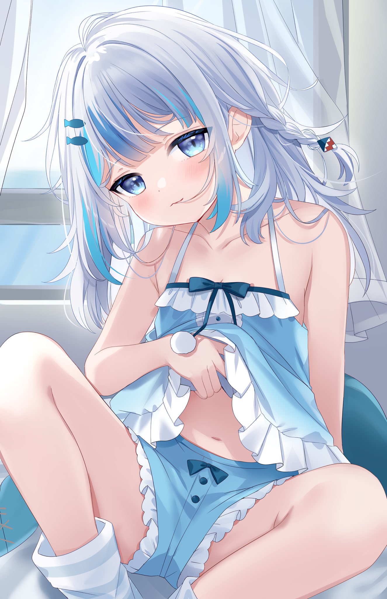 1girl bare_arms bare_shoulders blue_camisole blue_hair blue_tail blush breasts camisole camisole_lift chocola_vt cleavage closed_mouth clothes_lift collarbone couch curtains dot_nose feet_out_of_frame fins fish_tail flat_chest gawr_gura hair_ornament highres hololive hololive_english indoors lifted_by_self looking_at_viewer midriff_peek navel shark_tail short_shorts shorts sidelocks sitting solo spaghetti_strap stomach tail thighs virtual_youtuber window