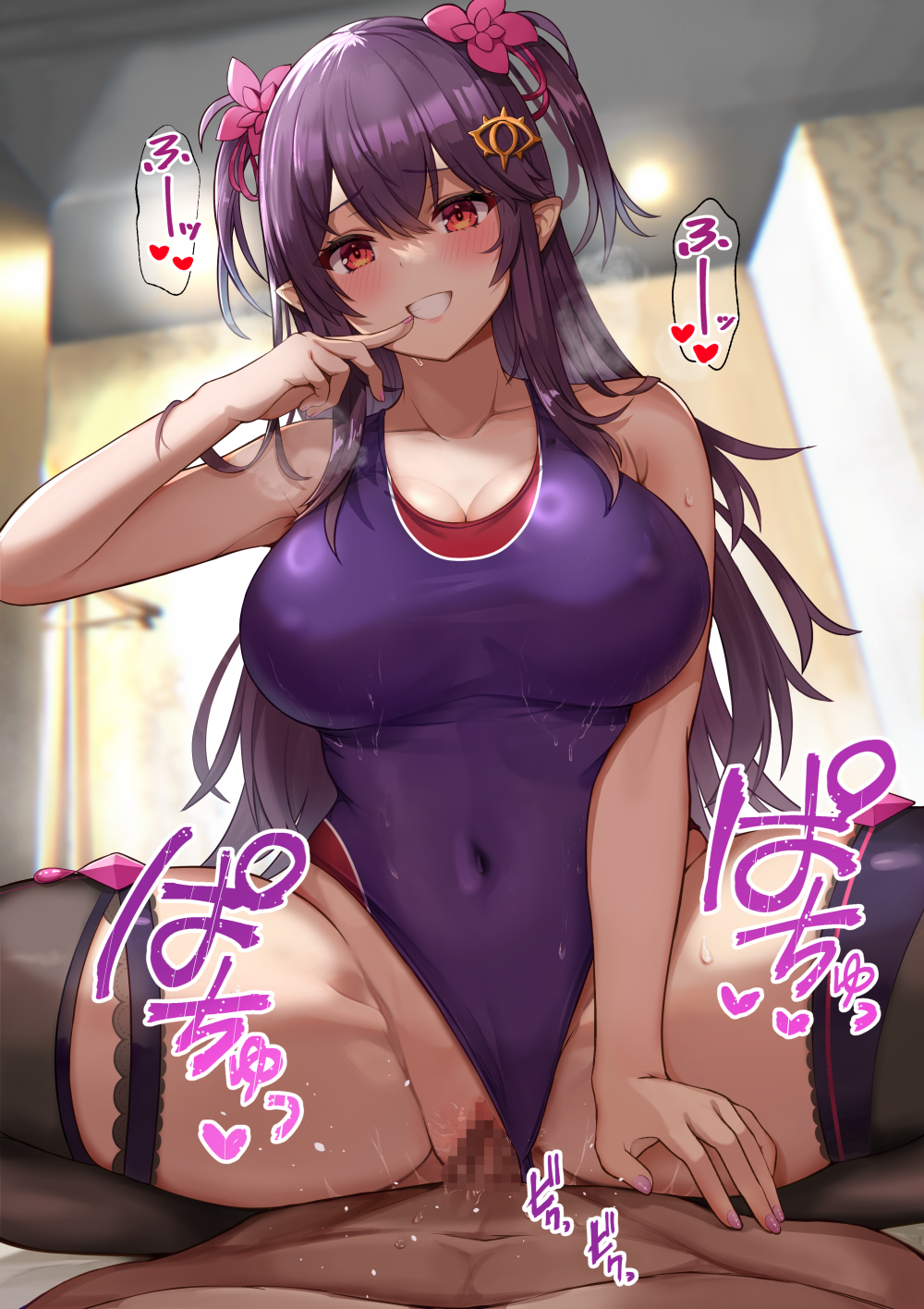 1boy 1girl bare_arms bare_shoulders black_thighhighs blush breasts censored cleavage clothing_aside competition_swimsuit covered_navel cowgirl_position girl_on_top hair_ornament hand_up highres kihou_no_gotoku_dmc large_breasts long_hair looking_at_viewer mosaic_censoring one-piece_swimsuit original pointy_ears purple_hair purple_one-piece_swimsuit red_eyes sex smile solo_focus spread_legs straddling swimsuit swimsuit_aside thighhighs thighs two_side_up vaginal